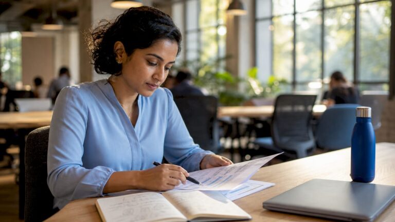 Woman reviewing cybersecurity checklist at standing desk