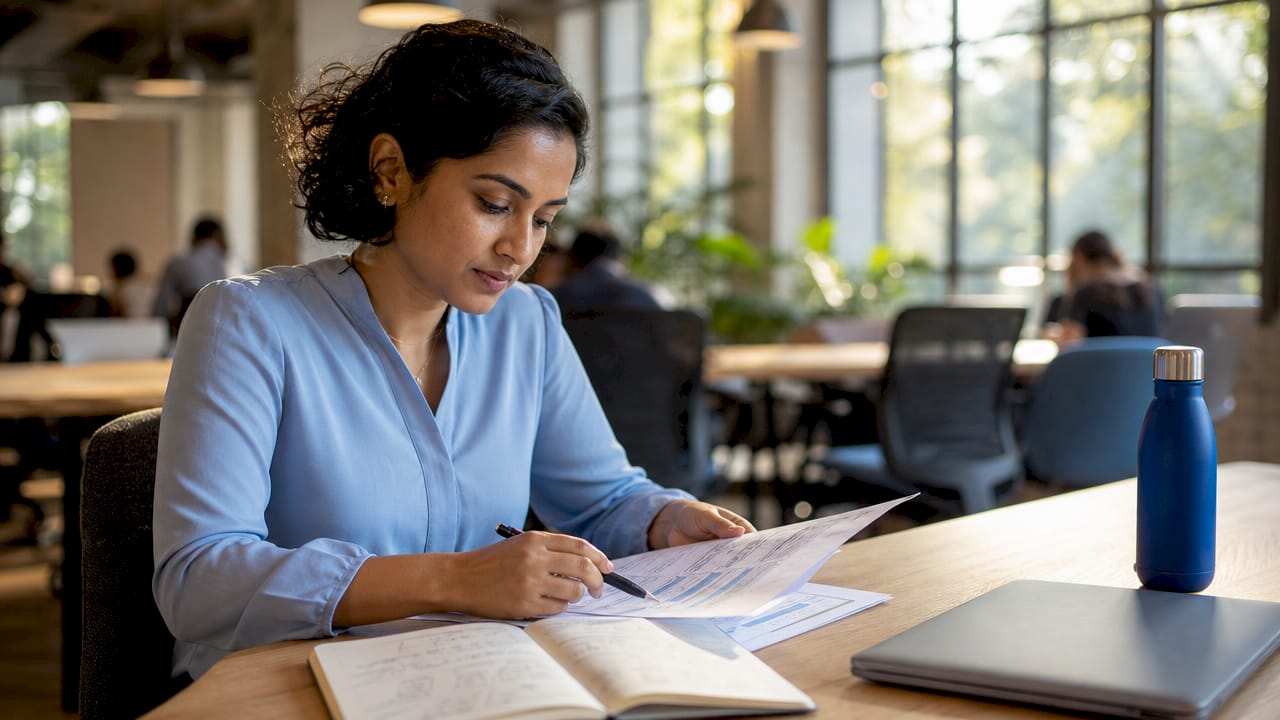 Woman reviewing cybersecurity checklist at standing desk